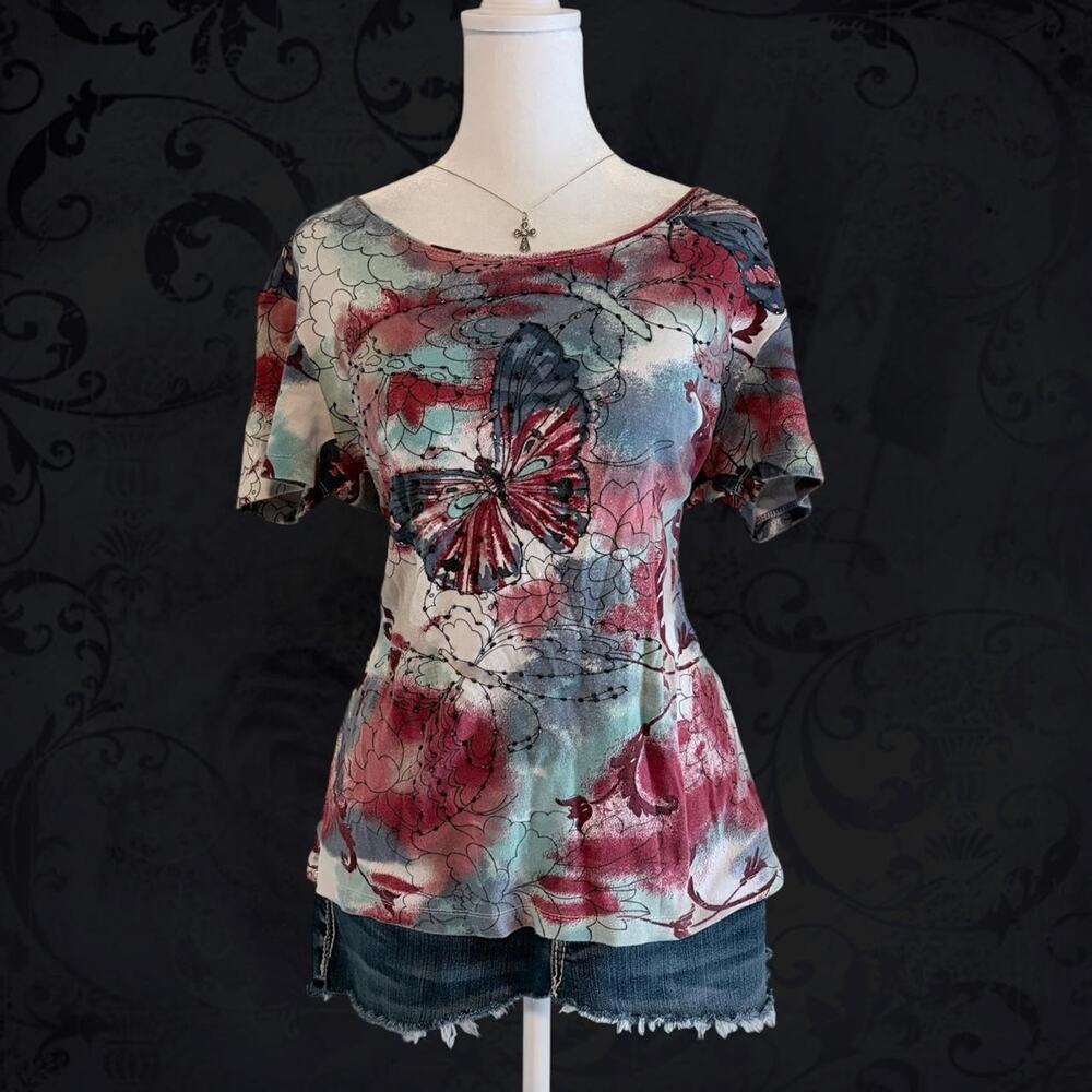 blue red black white subtle teal butterfly floral embellished fairy boho top
